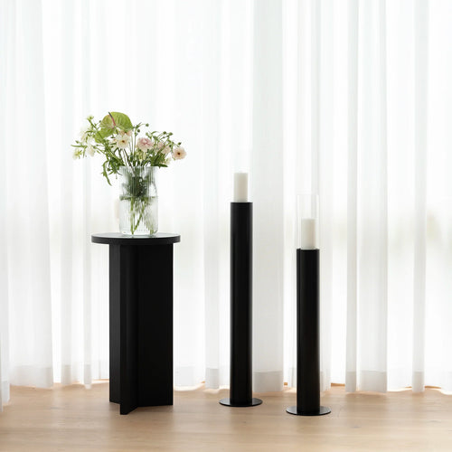 Affe pedestal in black oak with flowers, minimalist design, elegant home decor, perfect for modern interiors.