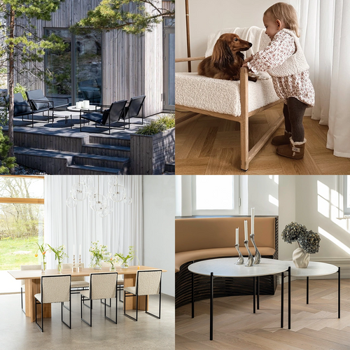 Collage of Scandinavian lifestyle scenes: black steel-framed lounge chairs on a wooden deck, a toddler with a dog on a boucle armchair, a natural oak dining table with modern upholstered chairs, and minimalist round nesting coffee tables styled with candleholders, capturing the warmth and versatility of handmade furniture.
