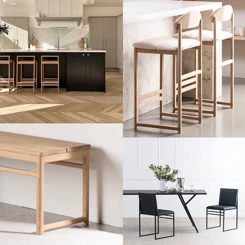 Collage of Scandinavian furniture including oak bar stools at a black kitchen island, boucle-upholstered wooden bar stools by marble counters, a close-up of a solid oak bench, and a minimal black dining table with vegan leather chairs, highlighting craftsmanship and material variety.