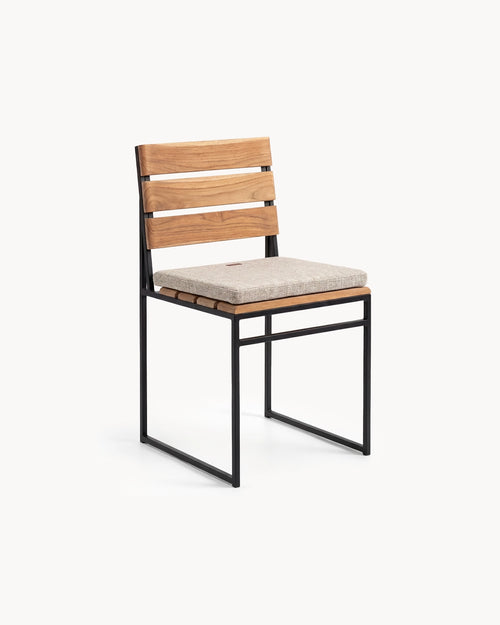 Garden Dining Chair Edith in black steel and teak fitted with the oat cushion