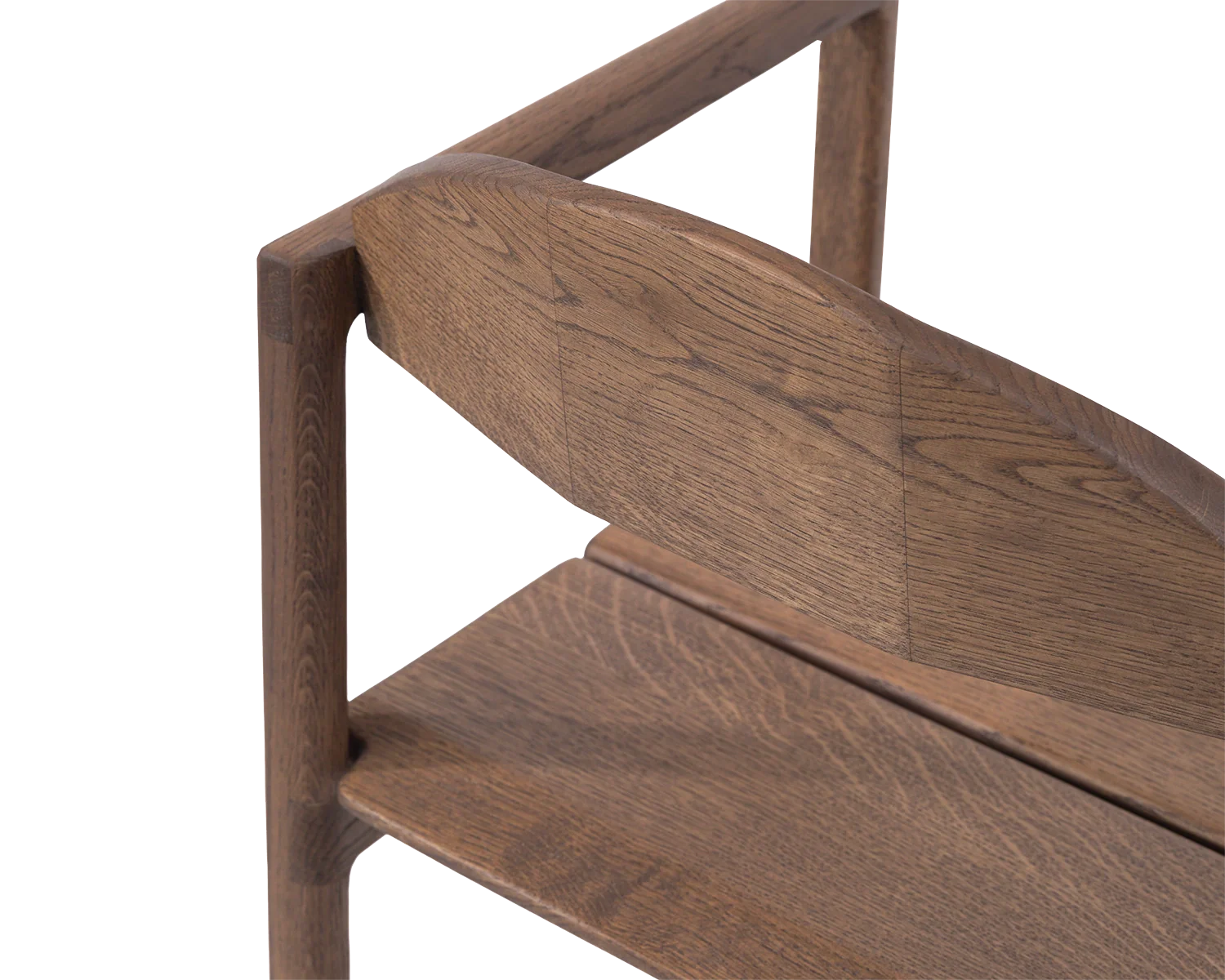 Erik Dining Chair back detail in dark oak, showcasing the smooth joinery and softly curved wood grain | by Crea.