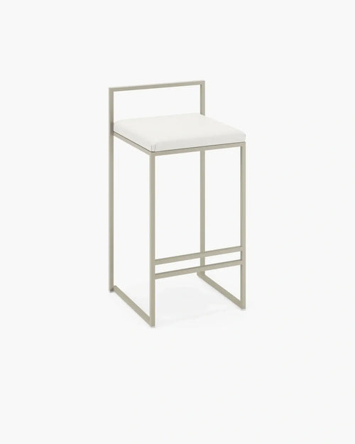 Freja bar stool with taupe frame and low backrest, perfect for minimalistic and classic interior design.