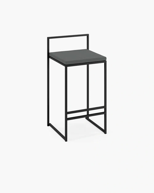 Freja outdoor bar stool in black metal with onyx cushion, perfect for modern outdoor settings.