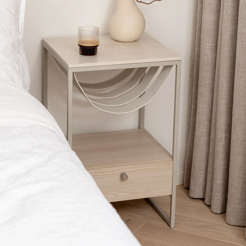 Iris bed table in beige with lunar dekton top, stylish design for modern bedroom decor.