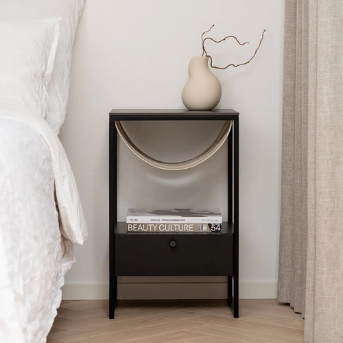 Iris - Black Frame - Latte Leather Straps - Kelya Dekton Top from by Crea - Bedside Table.