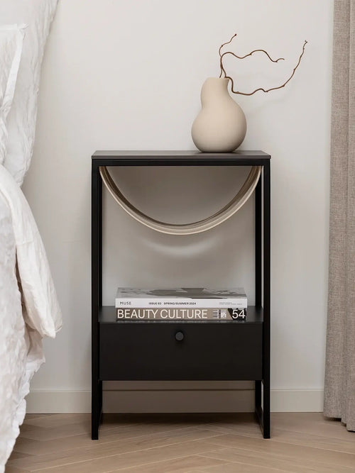 Iris - Black Frame - Latte Leather Straps - Kelya Dekton Top from by Crea - Bedside Table.