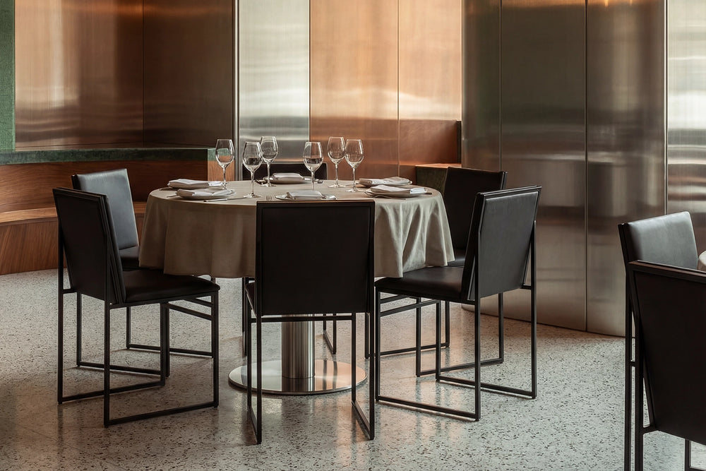 Dining Chair Isabell, upholstered seat on a black steel frame, in a restaurant interior