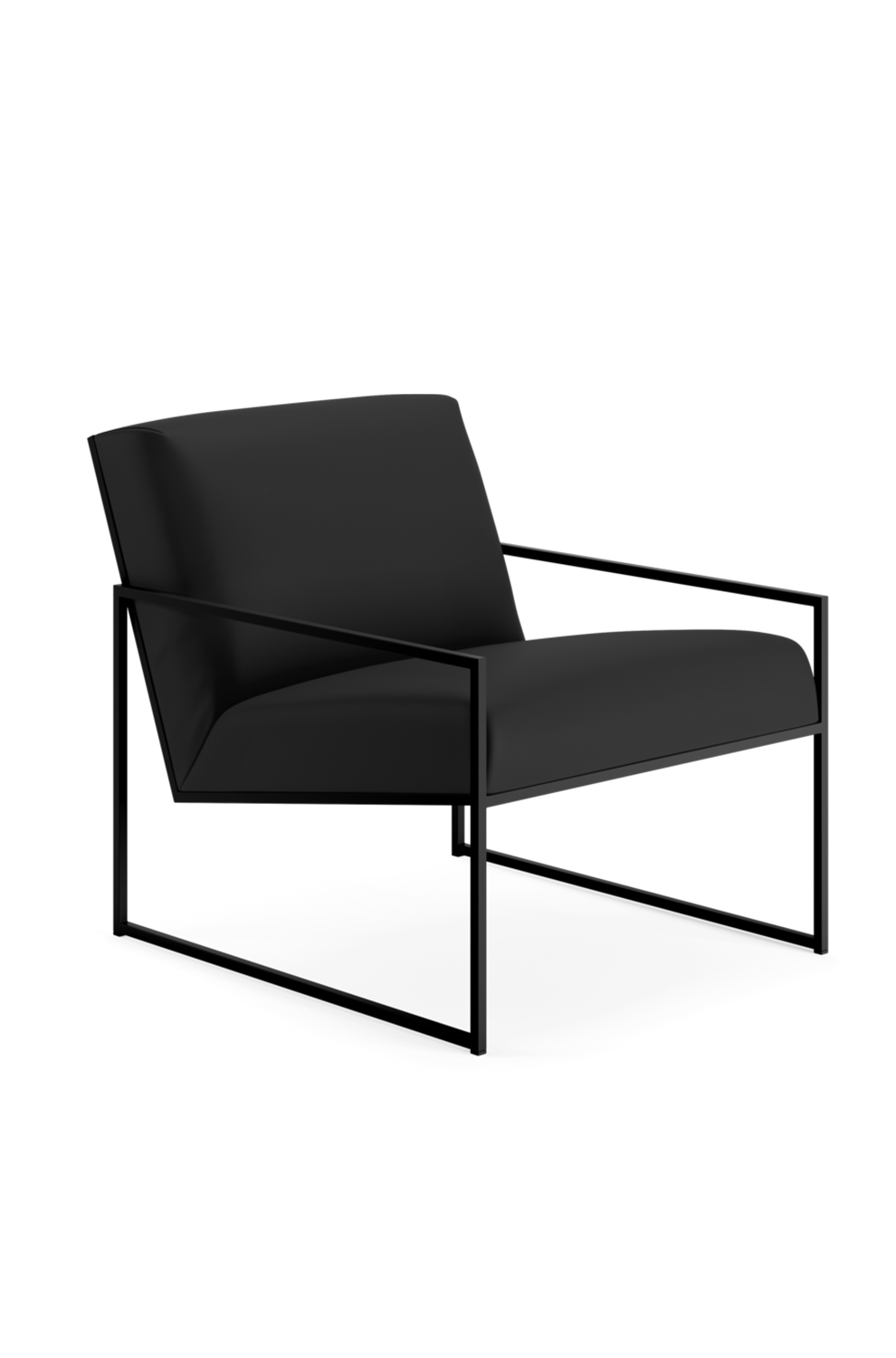 Front view of the Kent Accent Chair from by Crea, featuring a sleek black steel frame paired with black vegan leather upholstery, offering a modern and minimalist Scandinavian look.