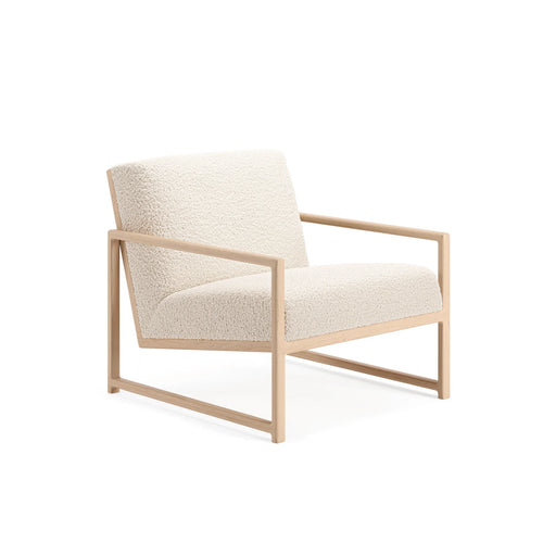 Front view of the Kent Wood Accent Chair by Crea, crafted in solid oak with a soft ivory bouclé cushion, featuring minimalist Scandinavian lines and a warm natural finish.