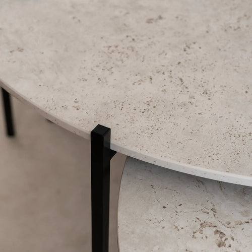 Close-up of Leo Coffee Table by by Crea with Sabbia Dekton top and black steel frame. Highlights premium craftsmanship and textured surface in handmade Scandinavian furniture.