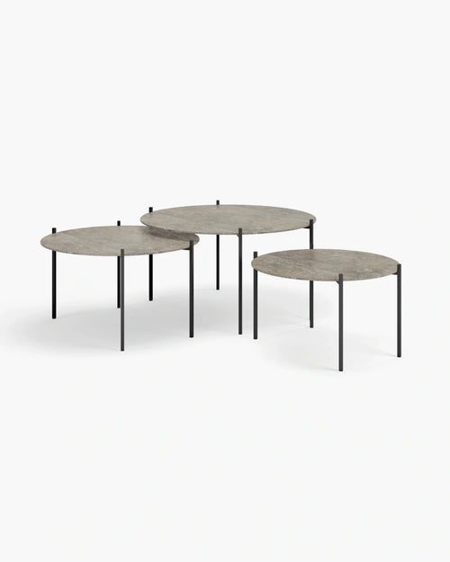 Leo coffee table large set in black with Grigio dekton, featuring three minimalist circular tables for modern interiors.