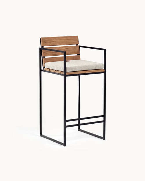 Otto outdoor bar stool in black stainless steel and teak fitted with the oat cushion