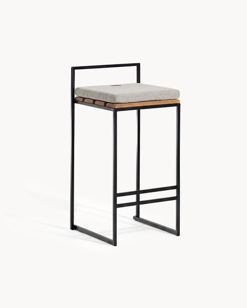 Outdoor Bar Stool Saga in black stainless steel and teak fitted with the oat cushion