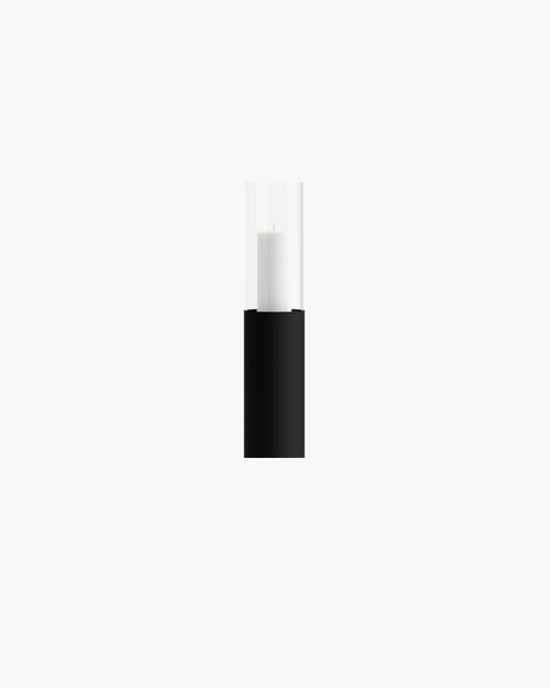 Thomas glass cylinder showcasing minimalistic design with a black base and clear top, perfect for modern decor.
