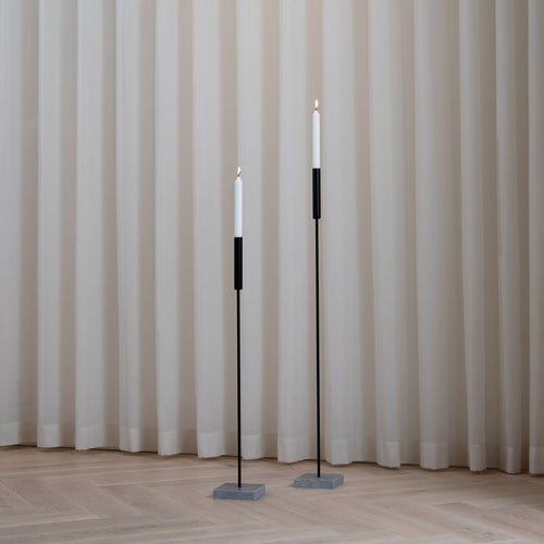 Vera Floor candleholder set in black with turbin grey base, ideal for modern minimal interiors.