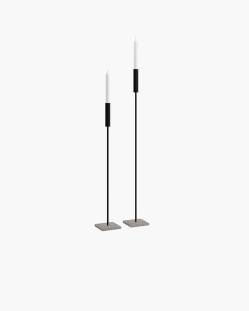 Vera Floor candleholder set of 2 in black with turbin grey base, ideal for modern minimal interiors.