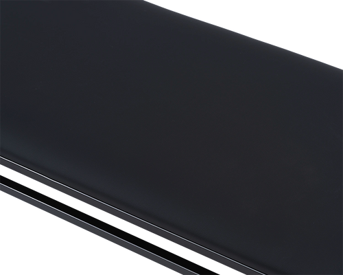 Wilma Steel Bench cushion detail in black vegan leather, showcasing smooth texture and seamless fit | by Crea.