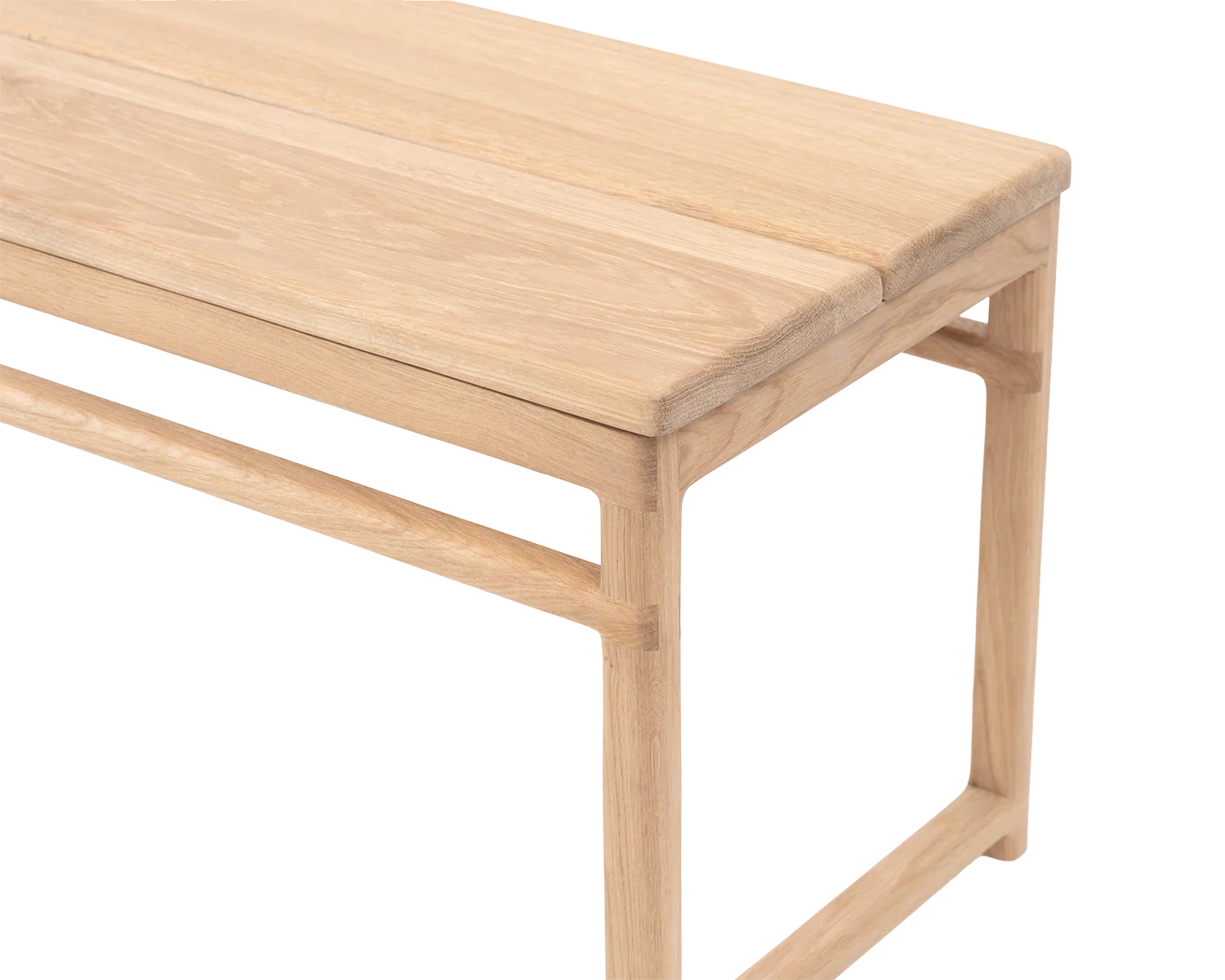 Detail of Wilma Wooden Bench corner showing seamless joinery and smooth oak grain in natural finish | by Crea