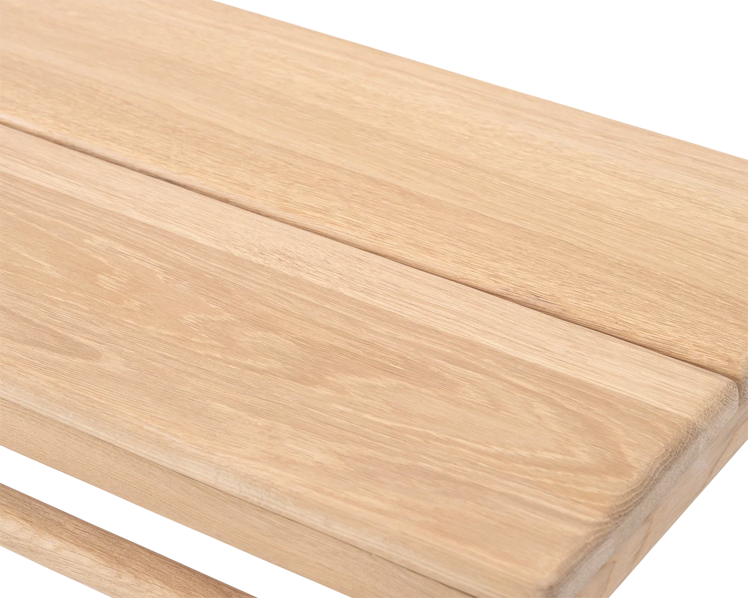 Close-up of Wilma Wooden Bench top in natural oak finish, showing smooth handcrafted grain detail | by Crea.