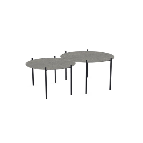 Nesting Coffee Table Set Leo Medium Set, two round tables with black powder-coated steel frames and Dekton tops