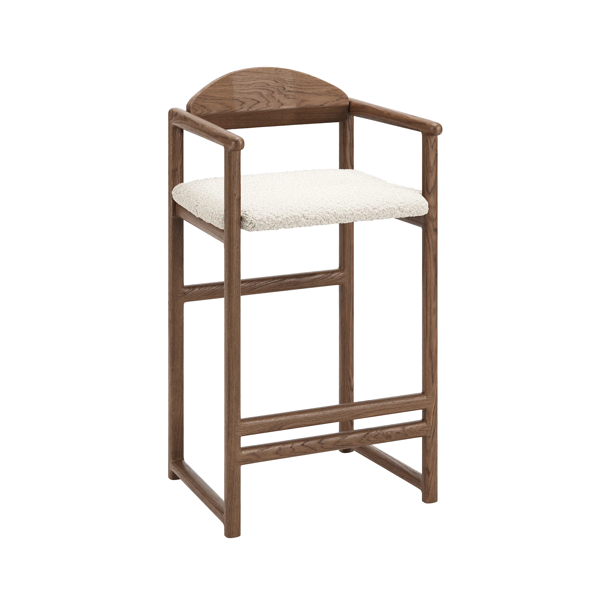 Carl Bar Stool by Crea in dark oak with a curved backrest and ivory bouclé cushion seat, handcrafted Scandinavian design with armrests.