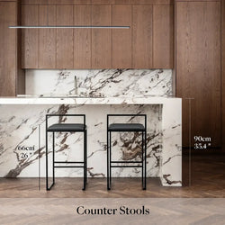 Illustration of our Freja counter stools of 66cm in a 90cm kitchen isle