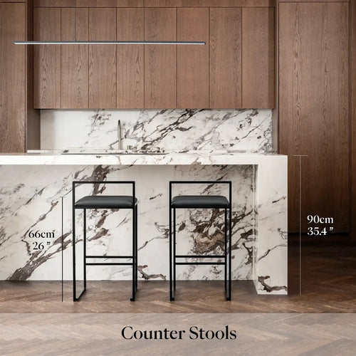 Illustration of our Freja counter stools of 66cm in a 90cm kitchen isle