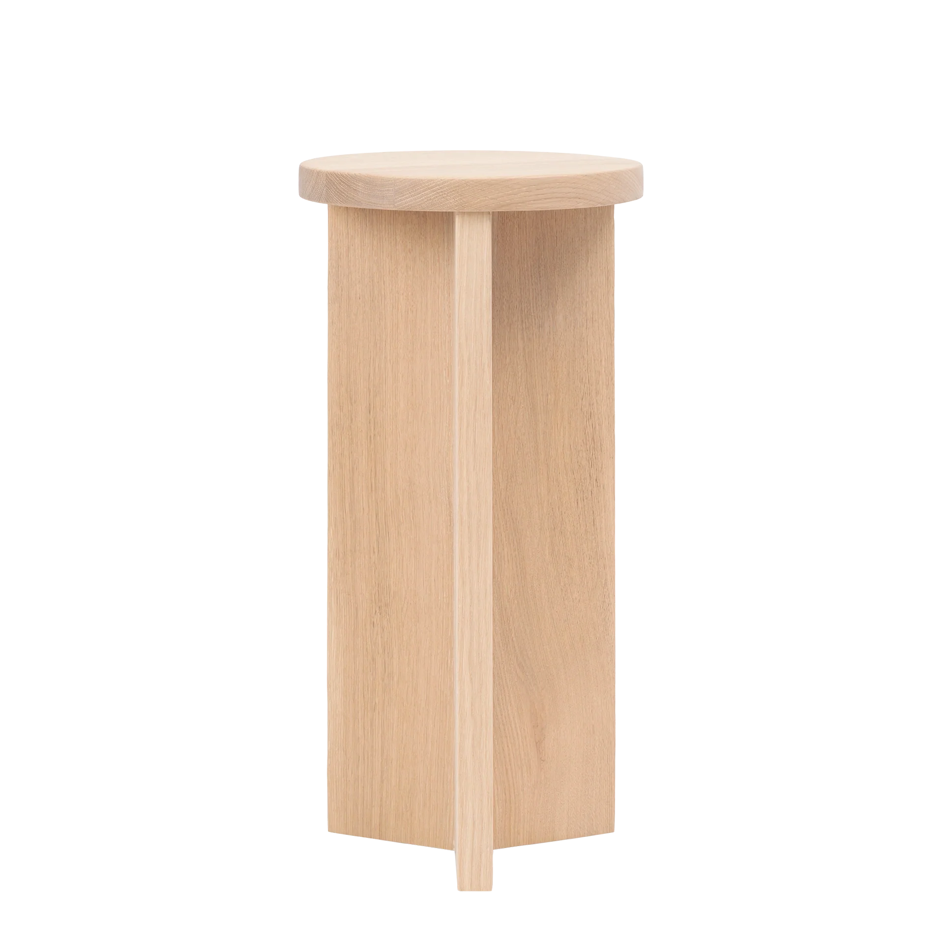 Affe Pedestal by Crea in solid oak, featuring a minimalist three-leg design with a round top and natural wood grain finish.