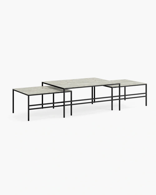 Anton large coffee table set with black frame and Sabbia dekton tops, ideal centerpiece for modern living.