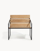 Outdoor lounge chair Arvid, black powder-coated steel frame with solid teak seat and back, front view