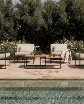 Outdoor patio set with furniture by a poolside