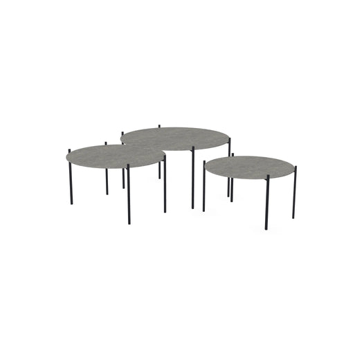 Nesting Coffee Table Set Leo Large Set, three round tables with black powder-coated steel frames and Dekton tops