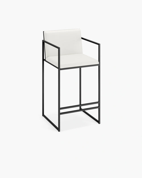 Bruno Bar Stool with black steel frame and ivory vegan leather upholstery, Scandinavian modern bar stool with backrest and armrests, handcrafted for kitchen islands and dining counters
