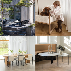 Collage of Scandinavian lifestyle scenes: black steel-framed lounge chairs on a wooden deck, a toddler with a dog on a boucle armchair, a natural oak dining table with modern upholstered chairs, and minimalist round nesting coffee tables styled with candleholders, capturing the warmth and versatility of handmade furniture.