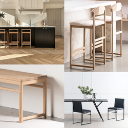 Collage of Scandinavian furniture including oak bar stools at a black kitchen island, boucle-upholstered wooden bar stools by marble counters, a close-up of a solid oak bench, and a minimal black dining table with vegan leather chairs, highlighting craftsmanship and material variety.