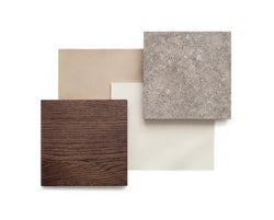 Flat lay of dark stained oak wood, light dekton stone surface sample, and layered neutral fabric swatches in beige and off-white tones, showcasing a warm Scandinavian material combination.