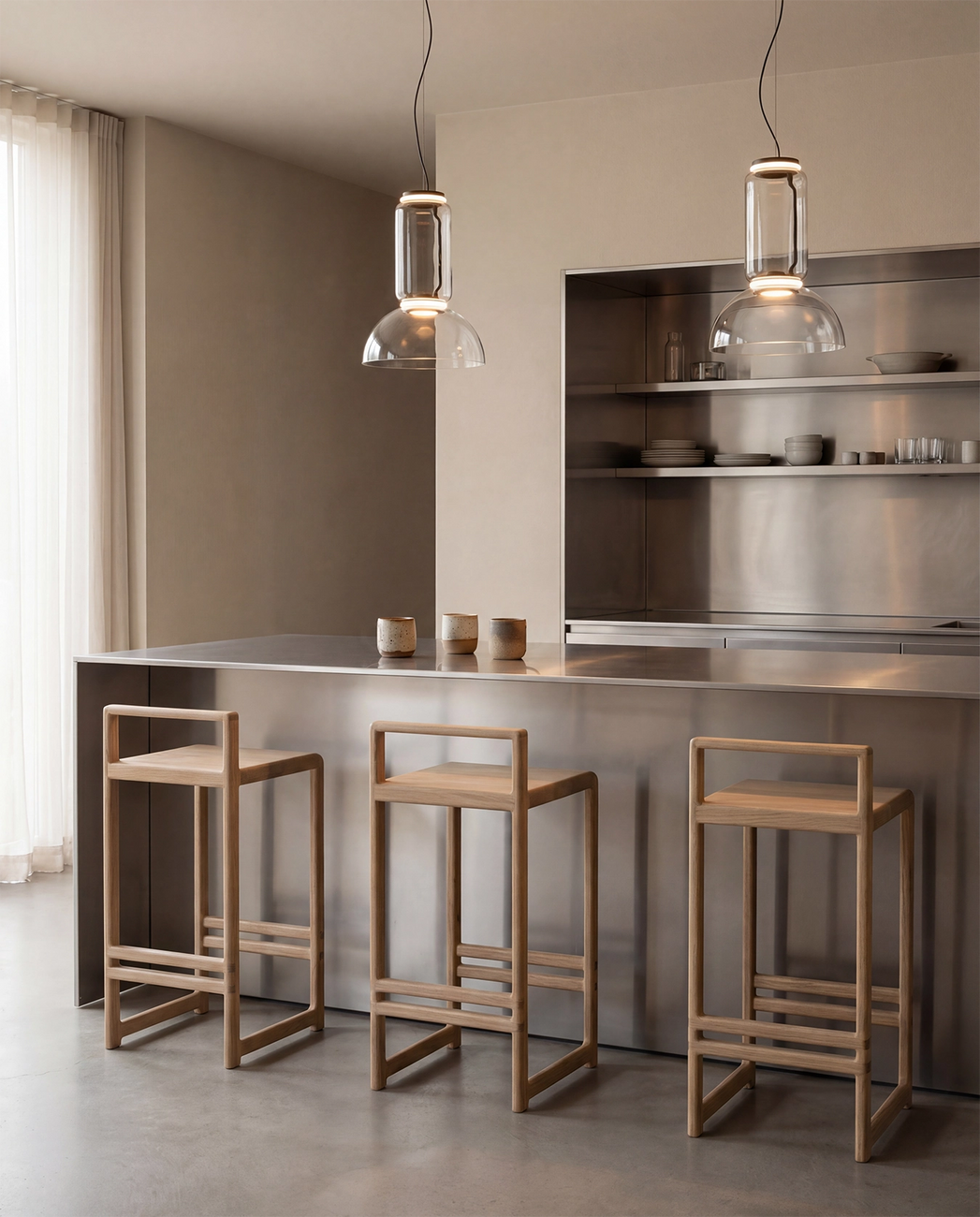 Ebba bar stools in solid oak placed by a minimalist stainless steel kitchen island, styled with Noctambule Suspension 1 Low Cylinder Bowl ceiling lamps from Flos and soft neutral Scandinavian tones.