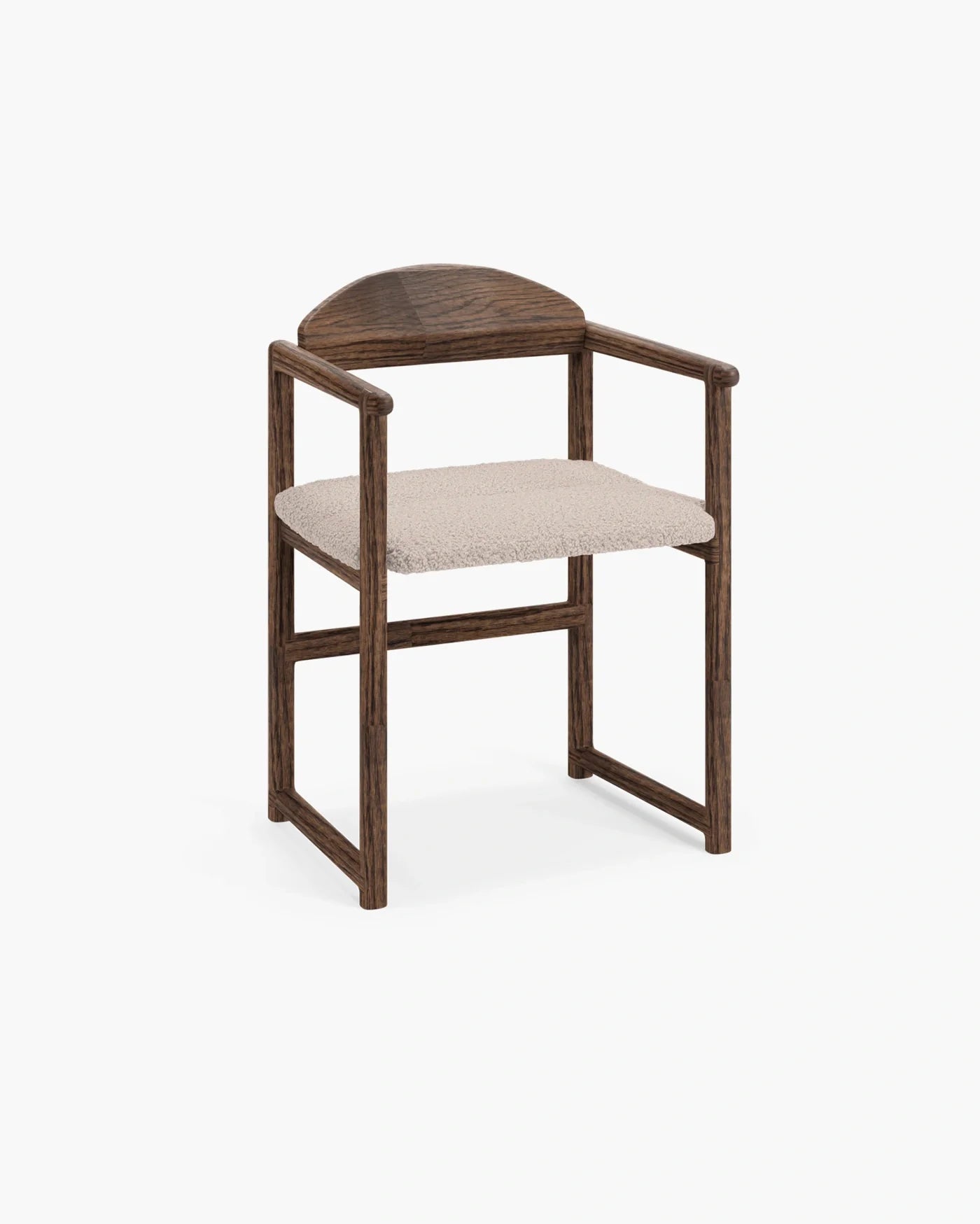 Erik dining chair in dark oak with greige bouclé, featuring sculpted wood and soft seat texture.