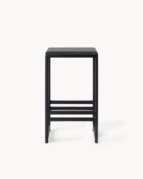 Oak Bar Stool Eva in black oak with wood seat, perfect for kitchen islands and dining areas.