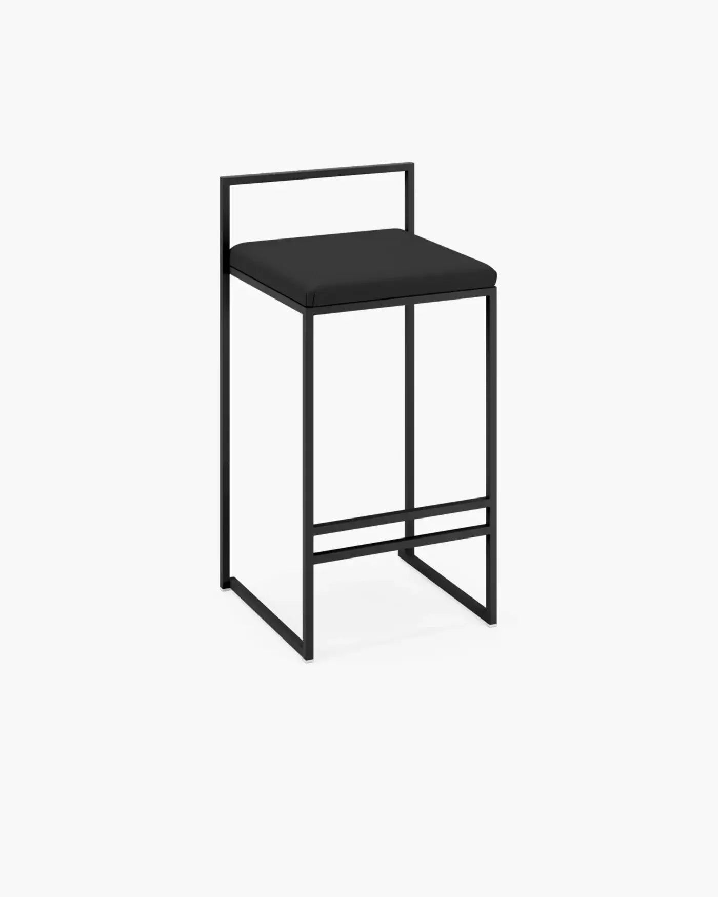Freja bar stool in black frame with black leather cushion, featuring minimalistic design and low backrest for stylish comfort.