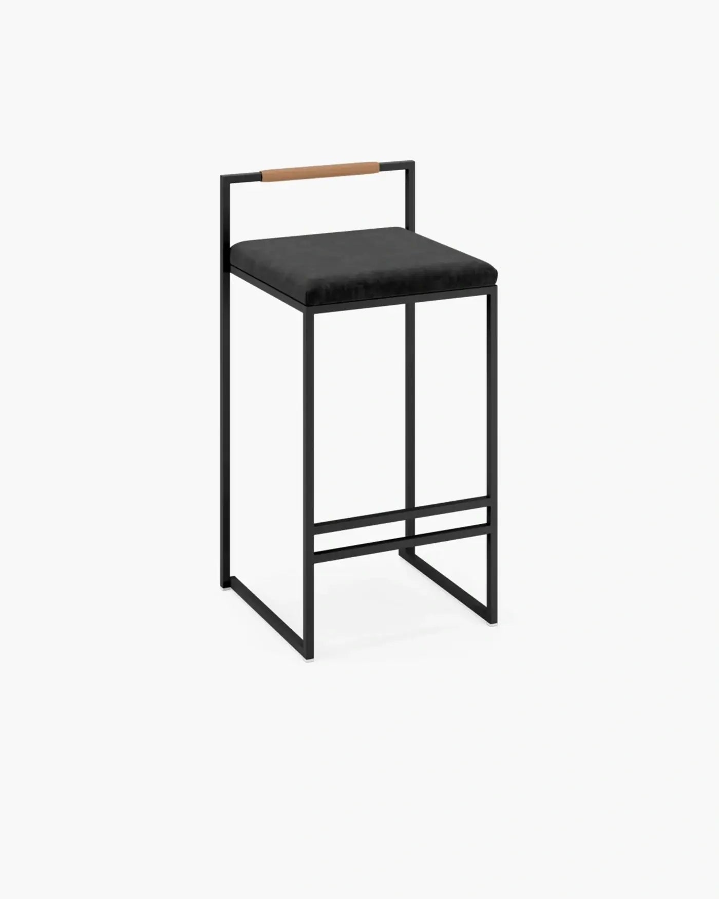 Freja bar stool in black velvet with coffee bean backrest, minimalist design, perfect for modern interiors.