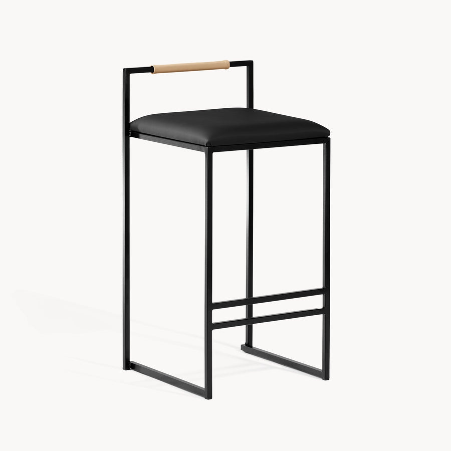 Bar Stool Freja - Black Frame - Black Leather Cushion - Latte Backrest *