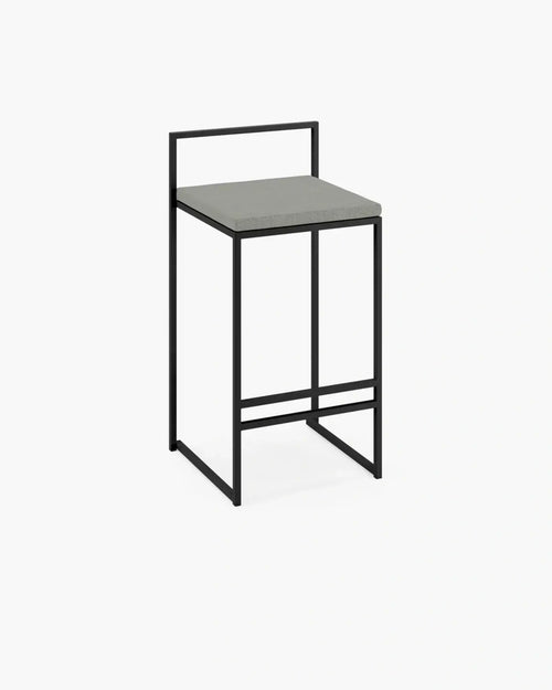 Freja outdoor bar stool featuring a minimalist design with a black frame and gray seat, perfect for stylish outdoor settings.