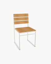 Garden Dining Chair Edith with a beige powder-coated stainless steel frame and A-grade teak slats, no armrests.