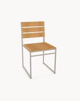 Garden Dining Chair Edith with a taupe powder-coated stainless steel frame and A-grade teak slats, no armrests.