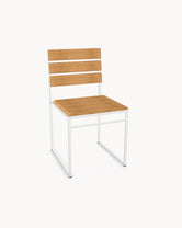 Garden Dining Chair Edith with a white powder-coated stainless steel frame and A-grade teak slats, no armrests.