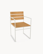 Garden Dining Chair Signe with a beige powder-coated stainless steel frame and A-grade teak slats.