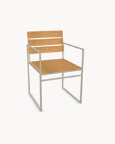 Garden Dining Chair Signe with a taupe powder-coated stainless steel frame and A-grade teak slats.