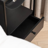 Iris  - Black Frame - Latte Leather Straps - Kelya Dekton Top from by Crea - Bedside Table.