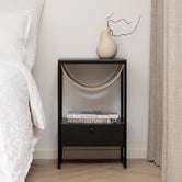 Iris  - Black Frame - Latte Leather Straps - Kelya Dekton Top from by Crea - Bedside Table.